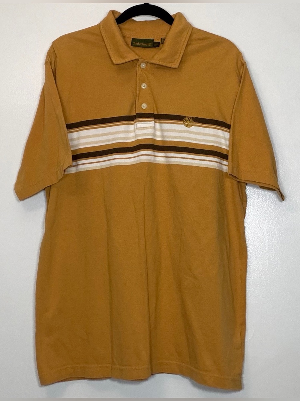 Y2K Timberland Mustard Gold Polo with Brown and Cream Stripes